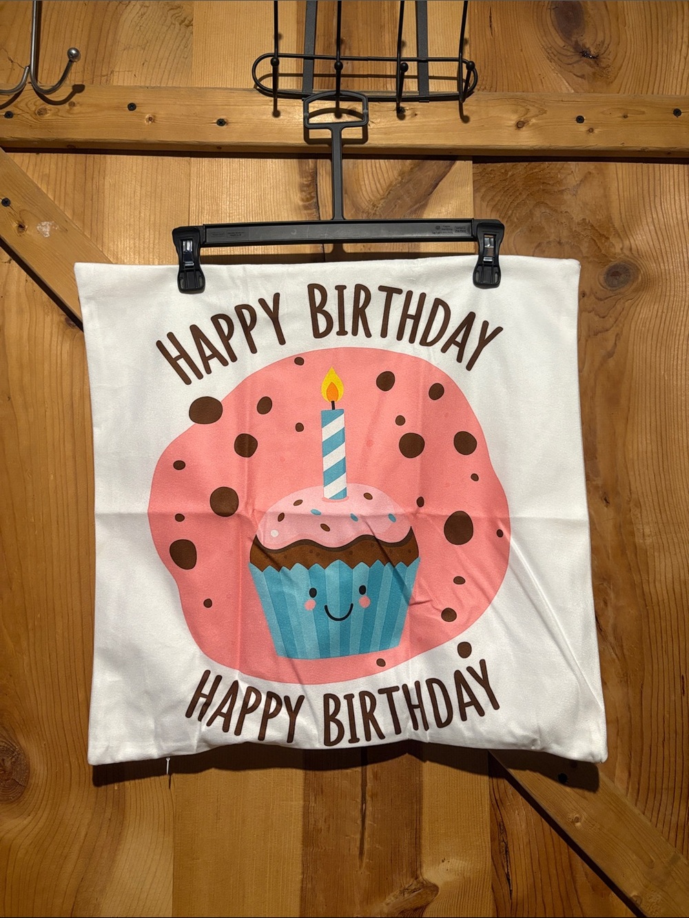 New Happy Birthday Cupcake Accent Pillow Cover - Pink & Blue